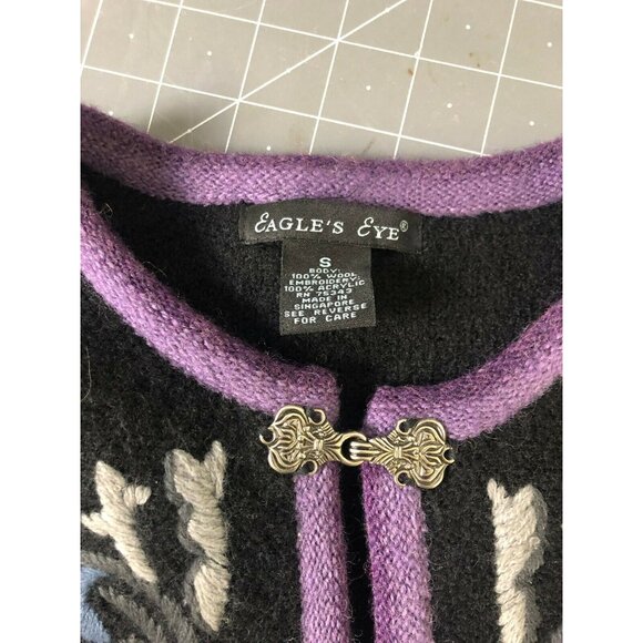 Eagles Eye Vintage Womens Black & Purple 100% Wool Embroidered Cardigan S - Picture 2 of 3